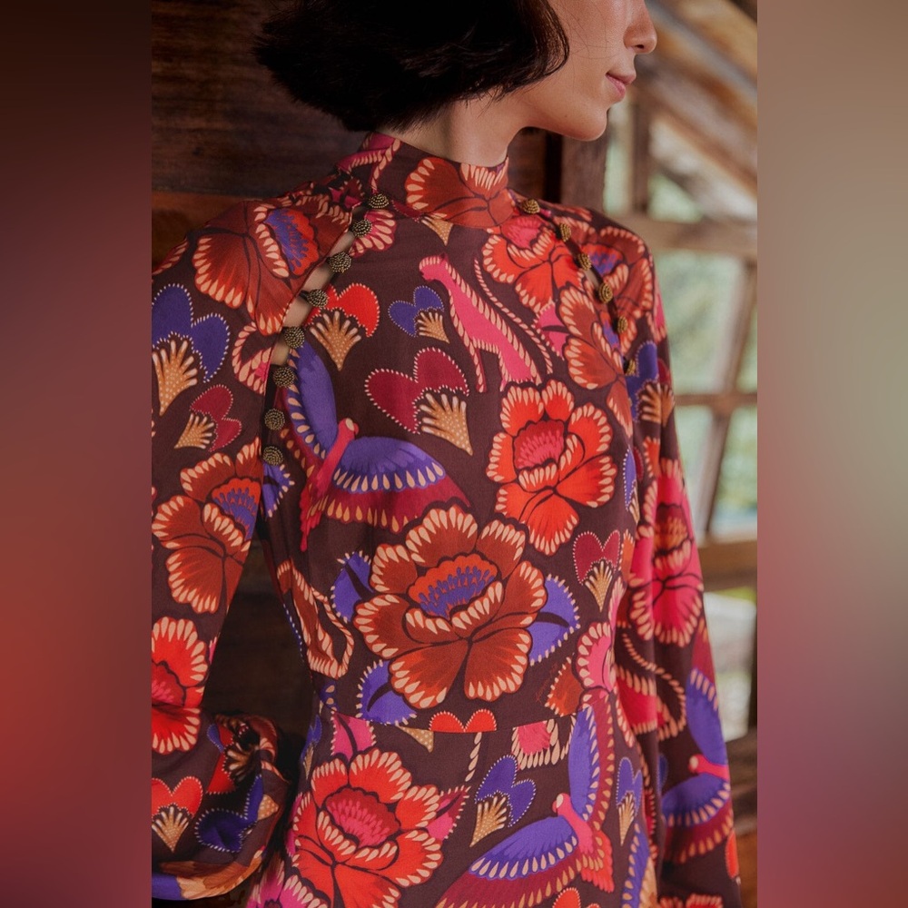 FARM Rio Floral Long Sleeve Dress - Red Brown Purple - Picture 3 of 12